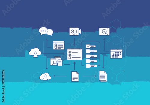 Minimalist white line art illustration of a business process workflow with interconnected digital icons.