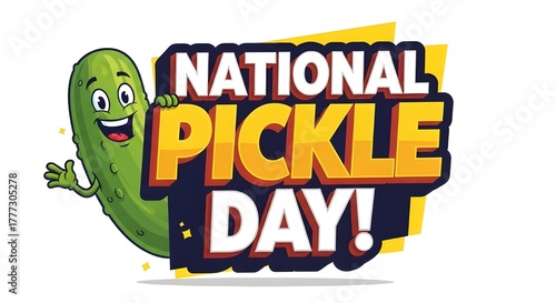 Happy National Pickle Day greeting card design featuring a cute, A whimsical green food mascot  flat design vector art.