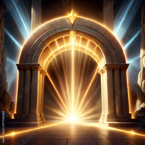 Step into a radiant portal of golden light and ancient architecture, promising new beginnings and mystical journeys
