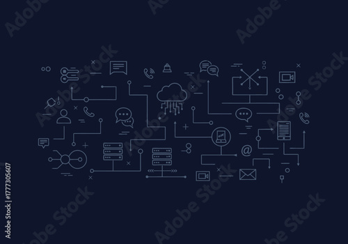 Digital Network Flowchart with Cloud and Communication Icons.