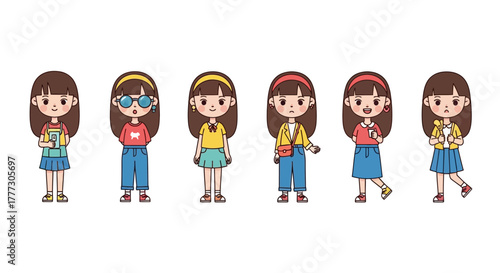 Illustrated cartoon girls in various outfits showcasing different styles and accessories