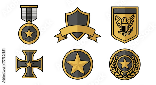 Collection of vector military badges and emblems, highlighting valor and achievement through a