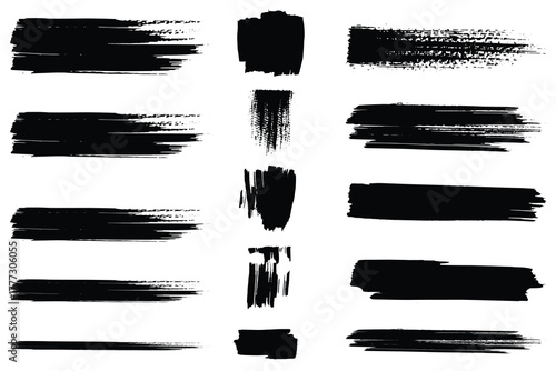 Grunge black brush strokes set, abstract paint texture collection for creative design background, Set of rough black paint brush strokes, isolated grunge ink texture elements for abstract design