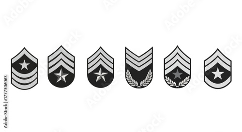 Detailed line-up illustration of various military rank insignia for enlisted personnel