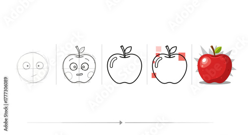 Step by step apple drawing guide showcasing the creative process from sketch to vibrant color