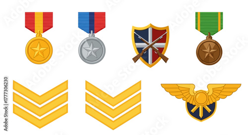 Illustrative depiction of assorted military insignia emblems and medals representing valor and