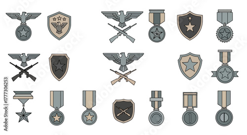 Collection of vintage military insignia and badges showcasing valor service and recognition emblems