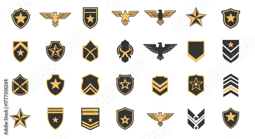 Collection of military rank insignia and badges depicting various symbols and shapes for design