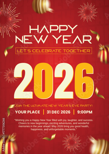 luxury new year 2026 party flyer template, golden happy new year countdown poster, 2026 abstract vector celebration background, modern glitter new year's eve invitation