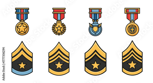 Patriotic honor: illustrated military badges and rank insignia signifying service and valor