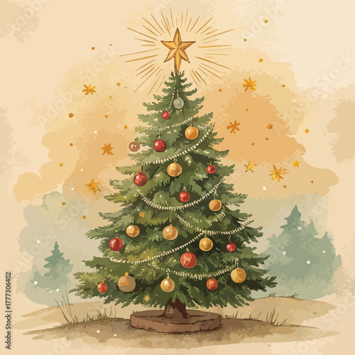 Festive Christmas tree with colorful ornaments and wrapped gifts, ready for the holiday season celebration