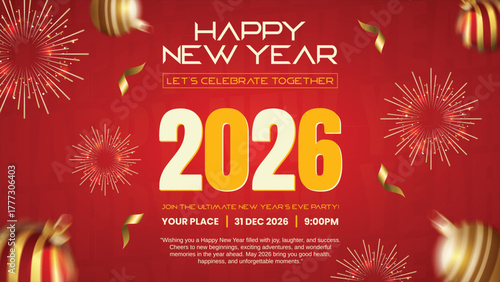 happy new year 2026 gold celebration poster, modern minimal new years eve party flyer, luxury 2026 vector greeting card template, abstract bright festive holiday banner background