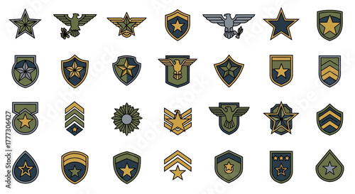 Collection of stylized military rank and insignia designs rendered with outline details