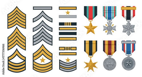 Various military insignia and medals depicting rank and achievement in service branches
