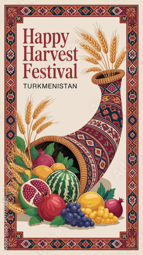 Happy Harvest Festival Turkmenistan Cornucopia Illustration