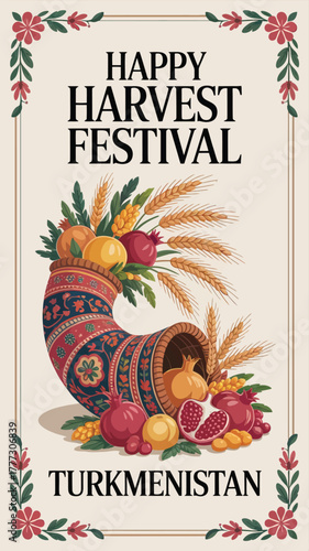 Happy Harvest Festival Turkmenistan Cornucopia Illustration