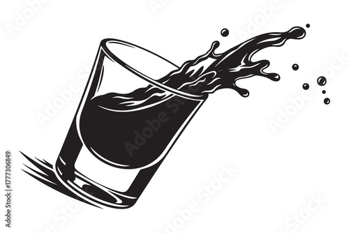 A dark liquid splashing out of a clear shot glass tilted on its side isolated on white background