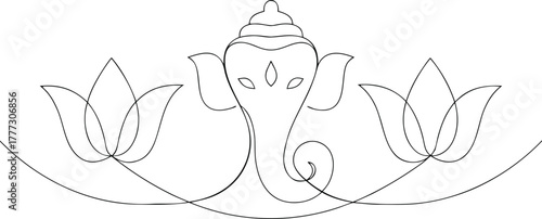 Ganesha elephant god head with lotus flowers line art
