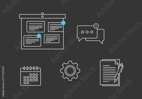 Project management and communication icon set in a clean white outline style with blue accents.