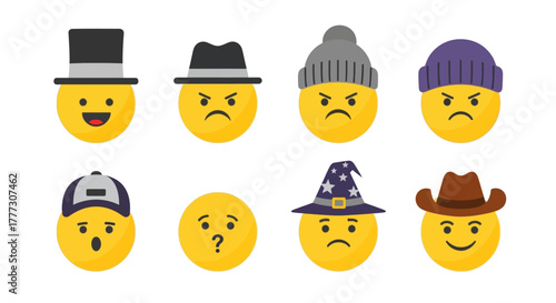 Expressive emoticon collection displaying various emotions and headwear variations