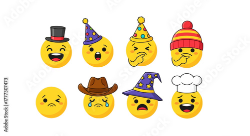 A collection of diverse cartoon emojis expressing varied emotions with charming outfits and