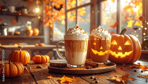 Pumpkin spice lattes and carved pumpkins create a cozy, autumnal atmosphere with warm lighting on a wooden table
