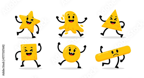 Cheerful geometric figures with faces dancing happily bright cartoon illustration