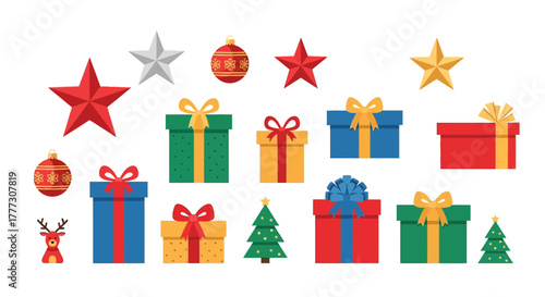 Festive christmas presents and decorations icons spread across a white background  featuring a