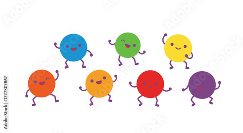 Cheerful colorful circle characters illustration in various vibrant tones dancing together