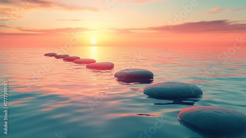 Sunset over Sea with Row of Smooth Stones on Water