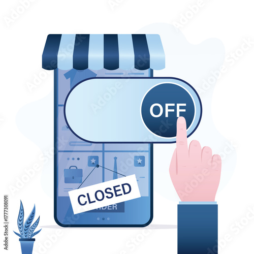 Owner hand push OFF button and closed online store. Stop internet business. Concept of e-commerce and business. Drop sales internet shop, business failure, bankruptcy.