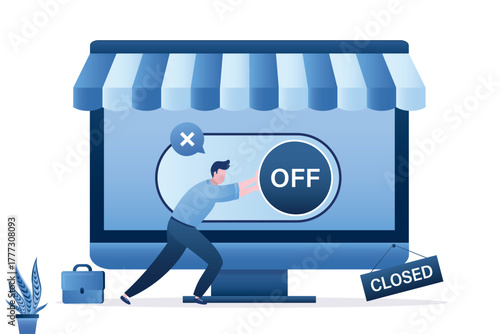 Businessman push OFF button and closed online store. Stop internet business. Concept of e-commerce, business break. Drop sales internet shop, failure, bankruptcy.