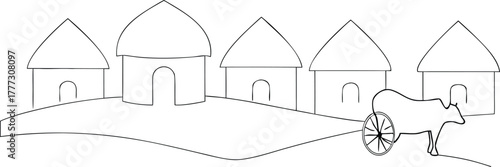Simple line drawing of a village with a bullock cart