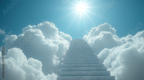 Stairway Rising Through Fluffy Clouds Under a Sunny Sky