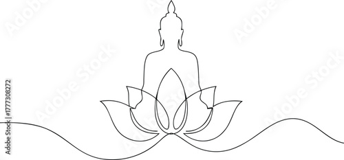 Single line drawing of Buddha meditating on a lotus flower