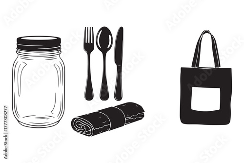 Collection of reusable items including a glass jar cutlery set and tote bag isolated on white background