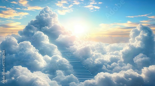 Stairway Rising Through Fluffy Clouds Under a Sunny Sky