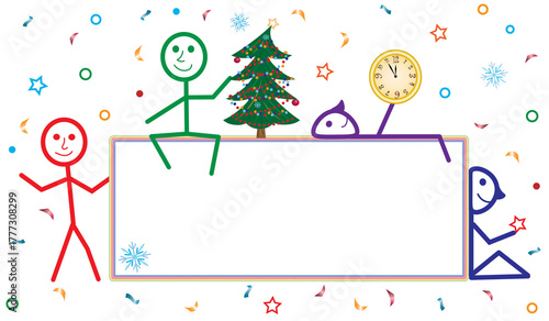 Beautiful New Year's background with colorful people, an elegant Christmas tree and a clock