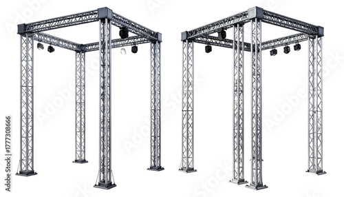 Two metal truss structures, each with attached spotlights