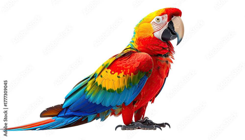 Obraz premium Vivid scarlet macaw stands, colorful plumage, bright eye