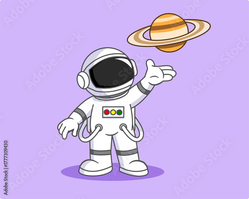 Cute Astronaut with Saturn Planet on His Hand Vector Illustration Cartoon Design