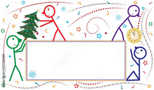 Beautiful New Year's background with colorful people, an elegant Christmas tree and a clock
