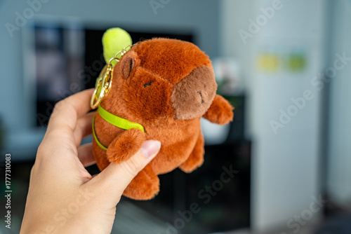 Plush capybara toy held in the hand of a teenager. Capturing a viral Gen Z trend and emotional connection with cute collectible animals.