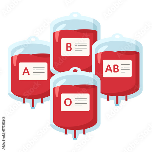 Blood Bags Collection: Different Blood Types Flat Illustration