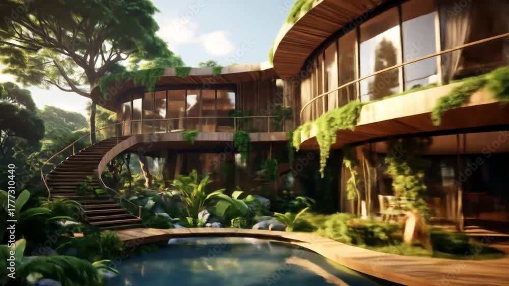 custom made wallpaper toronto digitalModern tropical house with a wooden facade, overlooking a pool, surrounded by lush vegetation