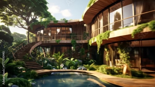 Wallpaper Mural Modern tropical house with a wooden facade, overlooking a pool, surrounded by lush vegetation Torontodigital.ca