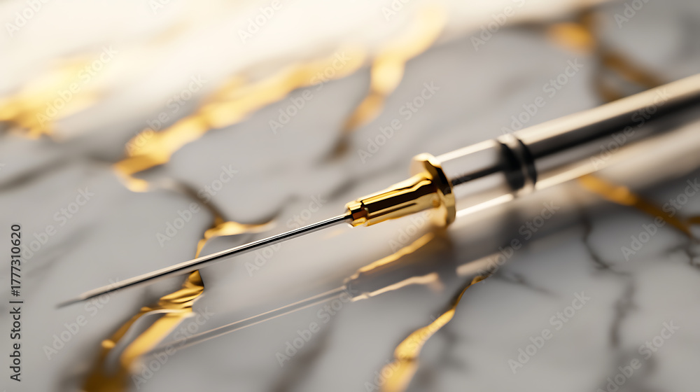 Naklejka premium A macro shot captures a hypodermic needle on a marbled surface with gold veining. The focus highlights the needle's precision against the elegant backdrop, symbolizing healthcare.