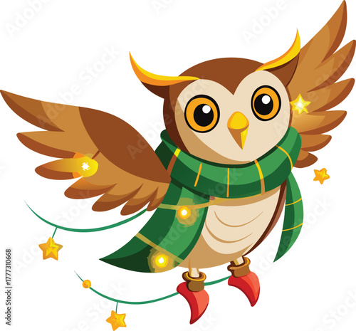 Cute Flying Cartoon Owl Wearing a Striped Green Scarf and Carrying a String of Gold Star and Round Christmas Lights, Isolated Vector