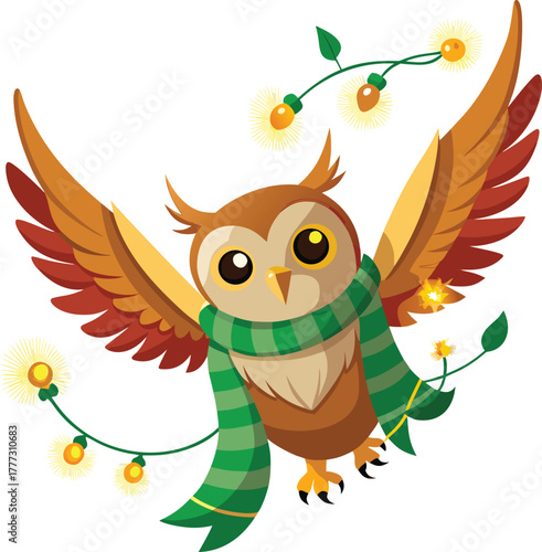 Cute Cartoon Owl Flying in a Green Striped Scarf and Yellow Boots, Holding a String of Gold Diamond-Shaped Christmas Lights, Isolated