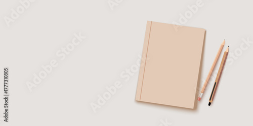 Beige notebook with pencil and pen on beige background. Vector banner mockup for design.